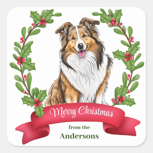 Shetland Sheepdog Holly Banner Weihnachten Quadratischer Aufkleber (Vorderseite)