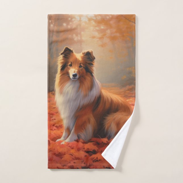Shetland Sheepdog im Herbst Leaves Fall Inspiriert Badhandtuch Set (Handtuch)