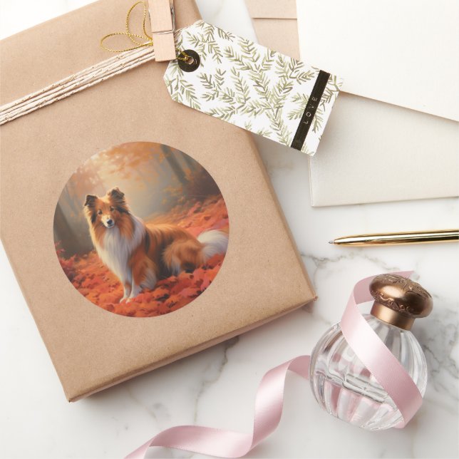Shetland Sheepdog im Herbst Leaves Fall Inspiriert Runder Aufkleber (Schenken)