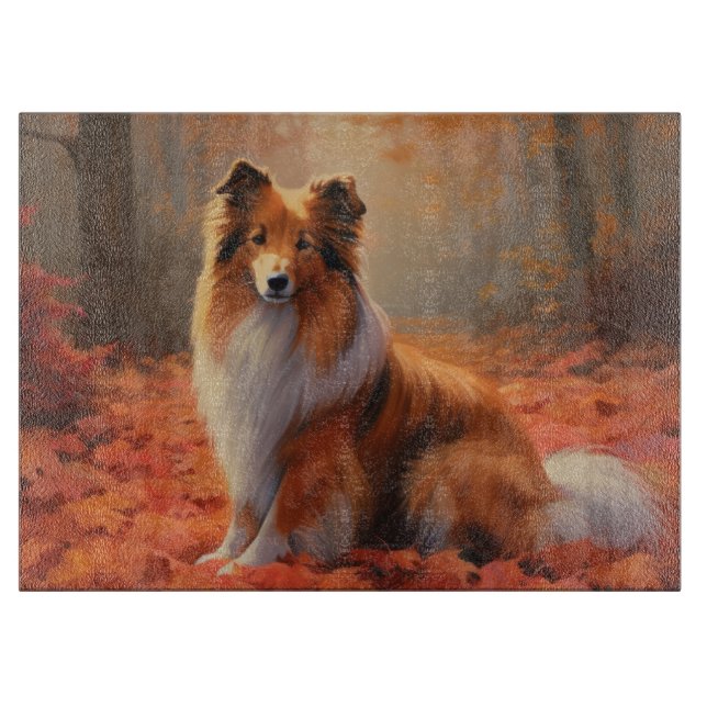 Shetland Sheepdog im Herbst Leaves Fall Inspiriert Schneidebrett (Vorderseite)