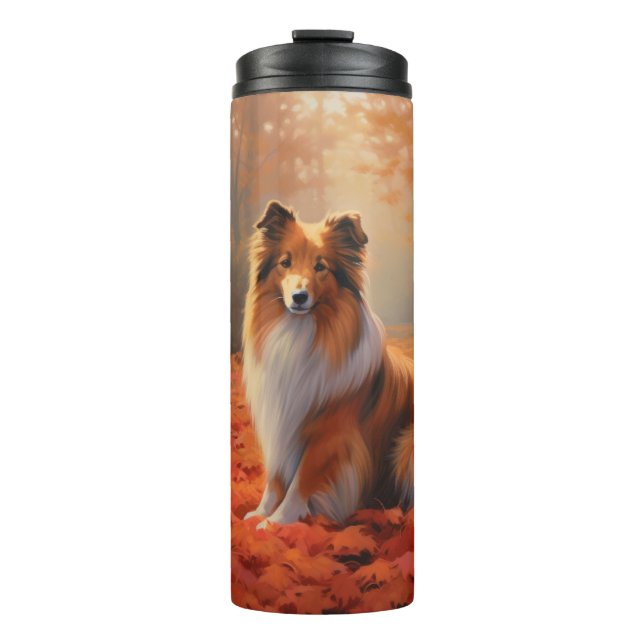 Shetland Sheepdog im Herbst Leaves Fall Inspiriert Thermosbecher (Vorderseite)