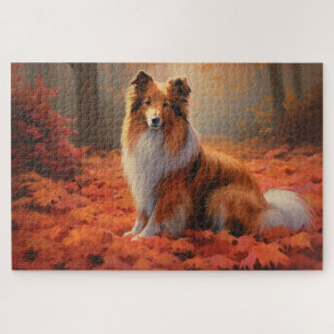 Shetland Sheepdog im Herbstlaub Fall Inspiriert