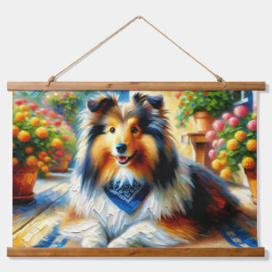 Shetland Sheepdog in Hütte Garden Scene Wandteppich Mit Holzrahmen