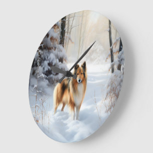Shetland Sheepdog Lass es schneien Weihnachten Große Wanduhr