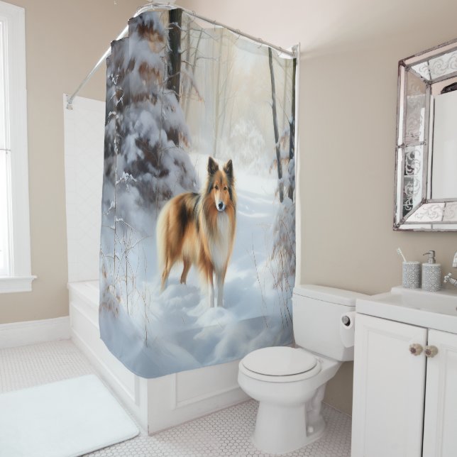 Shetland Sheepdog lässt es Weihnachten Duschvorhang (Beispiel)