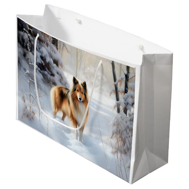 Shetland Sheepdog lässt es Weihnachten Große Geschenktüte (Vorderseite Schrägansicht)