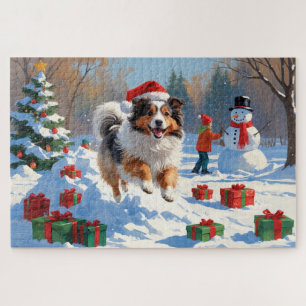 Shetland Sheepdog läuft durch Schnee mit Weihnacht