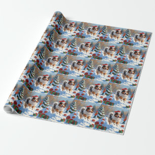 Shetland Sheepdog läuft durch Schnee mit Weihnacht Geschenkpapier