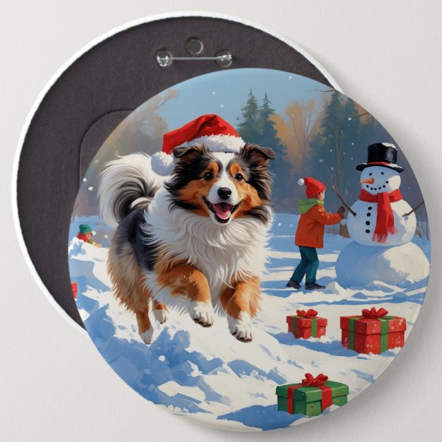 Shetland Sheepdog läuft Schnee mit Weihnachtshut Button (Vorne & Hinten)