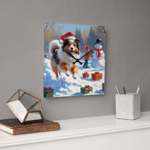 Shetland Sheepdog läuft Schnee mit Weihnachtshut Quadratische Wanduhr