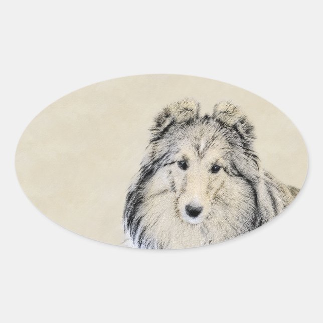 Shetland Sheepdog Malerei - Niedliche Original Hun Ovaler Aufkleber (Vorderseite)