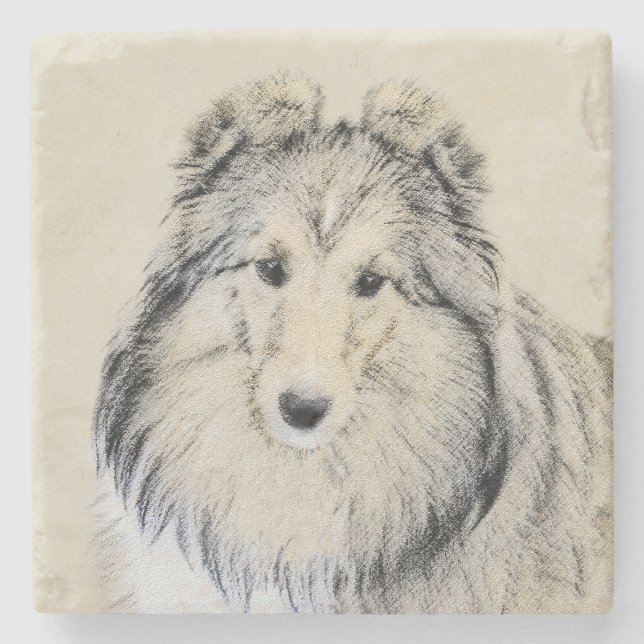 Shetland Sheepdog Malerei - Niedliche Original Hun Steinuntersetzer (Vorderseite)