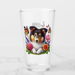 Shetland Sheepdog mit Blume und Schmetterlingen Glas