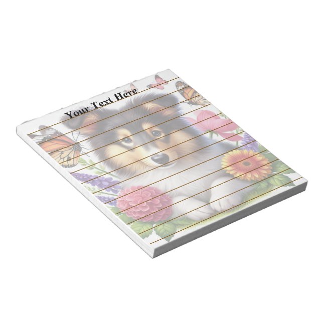 Shetland Sheepdog mit Blume und Schmetterlingen Notizblock (angewinkelt)