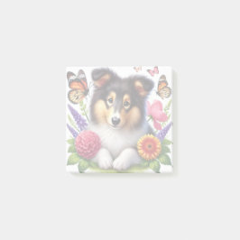 Shetland Sheepdog mit Blume und Schmetterlingen Post-it Klebezettel