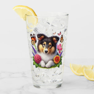 Shetland Sheepdog mit Blumen und Schmetterlingen Glas