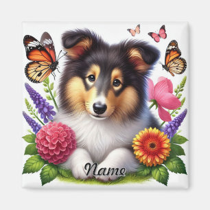 Shetland Sheepdog mit Blumen und Schmetterlingen Magnet