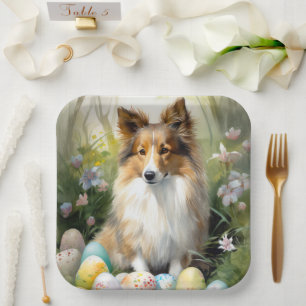 Shetland Sheepdog mit Ostereiern Urlaub Pappteller
