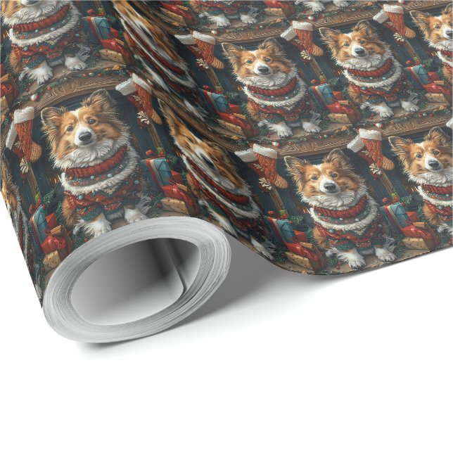 Shetland Sheepdog mit Weihnachtsgeschenken Kamin Geschenkpapier (Rolleneckpunkt)