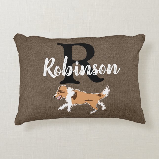 Shetland Sheepdog Monogram Nachname Dekokissen (Vorderseite)