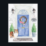 Shetland Sheepdog Moving Announccard Postkarte<br><div class="desc">Mit unserer stilvollen Ankündigung kündigen Sie Ihre neue Adresse an: Shetland Sheepdog,  blaue Haustür,  Begrüßungsmatte,  Schiefer-Schild,  Topiaries und ein blumengeschmücktes Set auf grauem Backstein.</div>