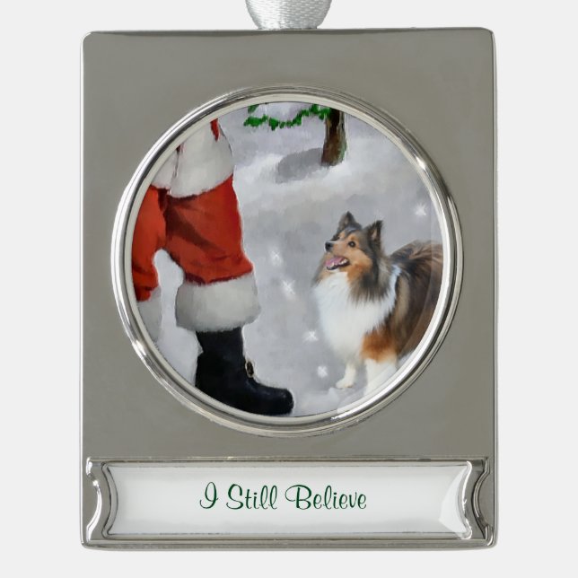 Shetland Sheepdog Personalisiert Banner-Ornament Silber (Vorderseite)