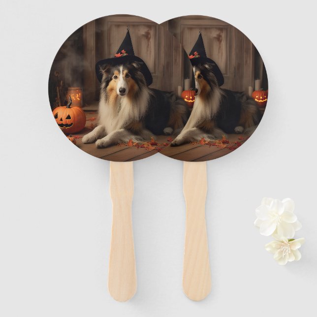 Shetland Sheepdog Pumpkins Halloween Beängstigend Fächer (Vorne und Hinten)