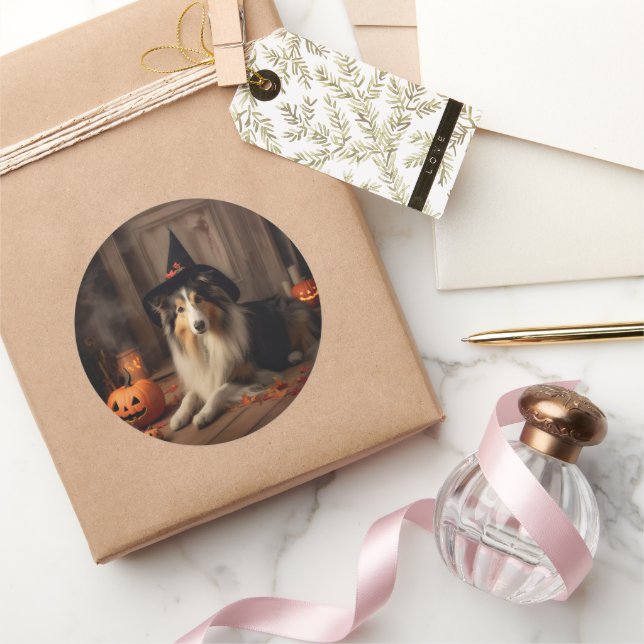 Shetland Sheepdog Pumpkins Halloween Beängstigend Runder Aufkleber (Schenken)