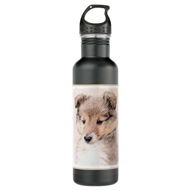 Shetland Sheepdog Puppy Malerei Original Dog Art Edelstahlflasche (Vorderseite)