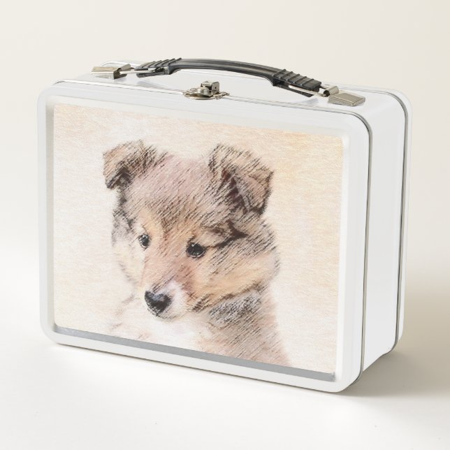 Shetland Sheepdog Puppy Malerei Original Dog Art Metall Brotdose (Vorderseite)