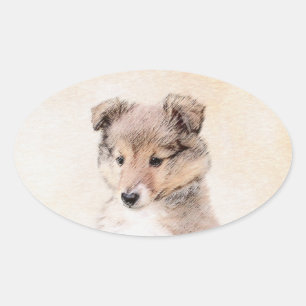 Shetland Sheepdog Puppy Malerei Original Dog Art Ovaler Aufkleber