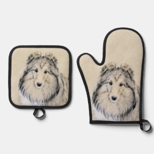 Shetland Sheepdog Puppy Painting Sheltie Dog Art Ofenhandschuh & Topflappen-Set