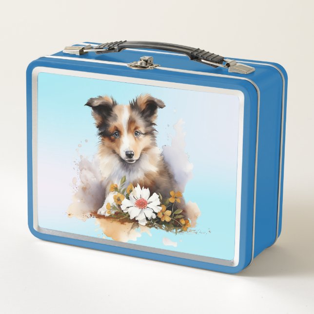 Shetland Sheepdog Puppy Pet Blume Metall Brotdose (Vorderseite)