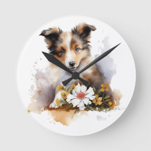 Shetland Sheepdog Puppy Pet Blume Runde Wanduhr