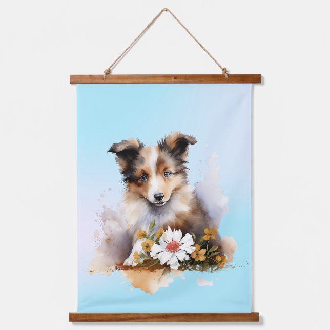 Shetland Sheepdog Puppy Pet Blume Wandteppich Mit Holzrahmen (Vorderseite)