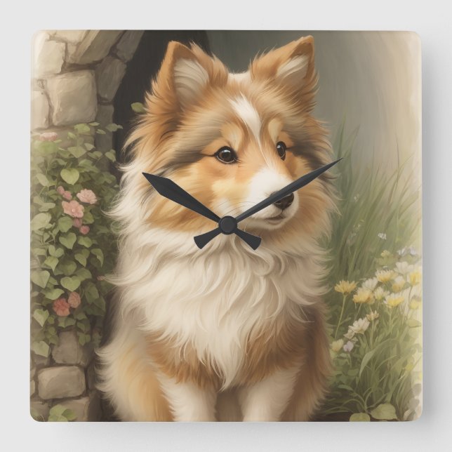 Shetland Sheepdog Quadratische Wanduhr (Vorderseite)