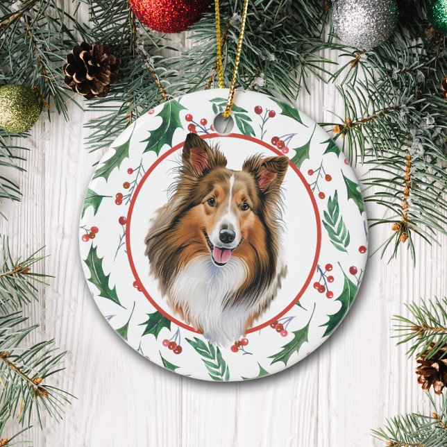 Shetland Sheepdog Red Berry Holly Border Keramik Keramik Ornament (Von Creator hochgeladen)