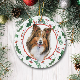 Shetland Sheepdog Red Berry Holly Border Keramik Ornament