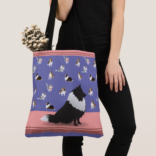 Shetland Sheepdog: Schwarzer Sheltie auf Lila Tasche (Von Nahem)