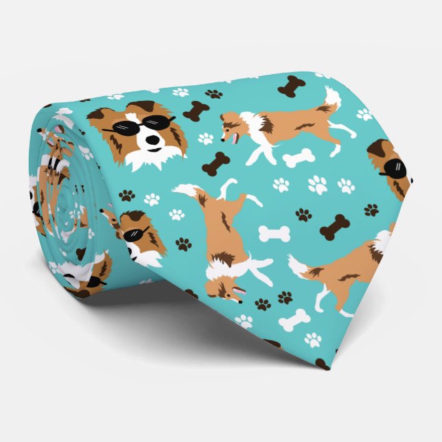 Shetland Sheepdog Sheltie Aqua Paw Print Neck Tie Krawatte (Gerollt)