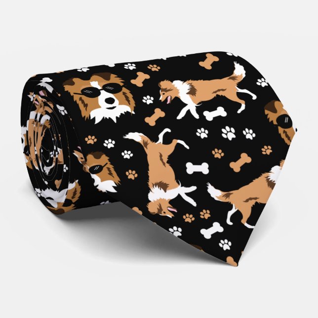 Shetland Sheepdog Sheltie Black Paw Print Neck Tie Krawatte (Gerollt)