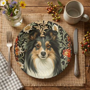 Shetland Sheepdog Tricolor Sheltie Vintage Floral Pappteller