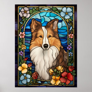 Shetland Sheepdog und Blumen Buntglasfenster Poster
