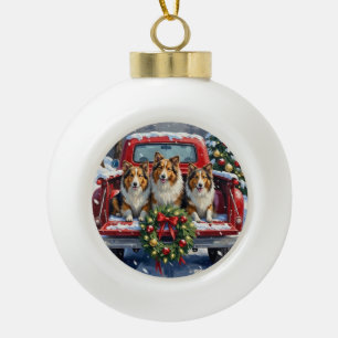 Shetland Sheepdog Weihnachten Rotes Lastwagen Feri Keramik Kugel-Ornament