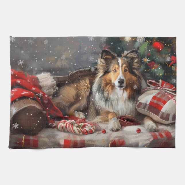 Shetland Sheepdog Weihnachtsfest Geschirrtuch (Horizontal)