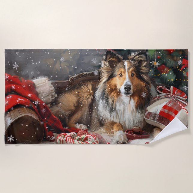 Shetland Sheepdog Weihnachtsfest Strandtuch (Vorderseite)