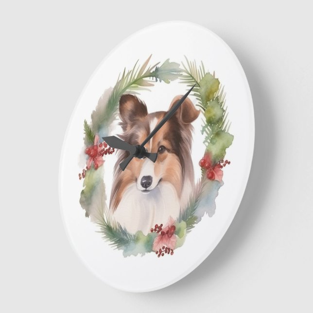 Shetland Sheepdog Weihnachtsmann Große Wanduhr (Winkel)