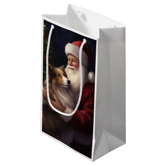 Shetland Sheepdog Weihnachtsmann Weihnachten Kleine Geschenktüte (Vorderseite Schrägansicht)