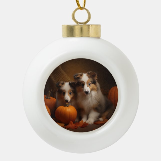 Shetland Sheepdog Welpe Autumn Delight Pumpen Keramik Kugel-Ornament (Vorderseite)