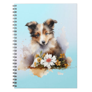 Shetland Sheepdog Welpe Haustier Wasserfarbe Blume Notizblock
